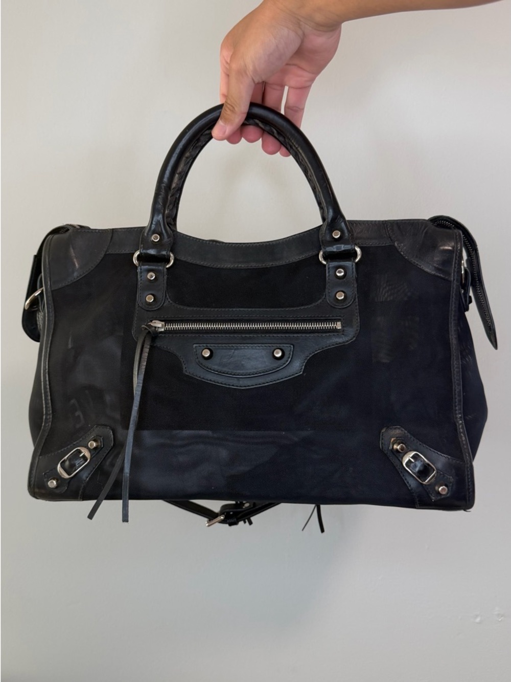 BALENCIAGA Mesh Calfskin Palladium City in Black